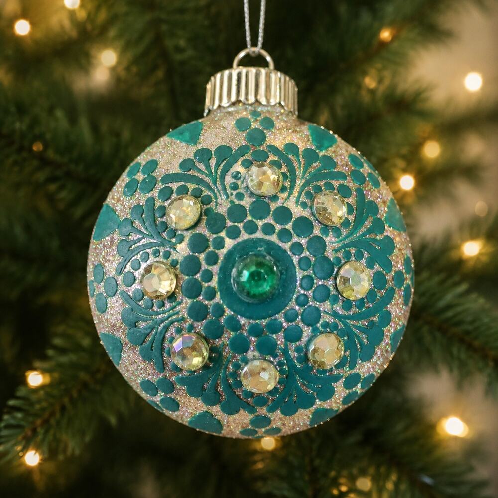Teal and Champagne 3 Inch Shatterproof Hand Painted Mandala Ornament